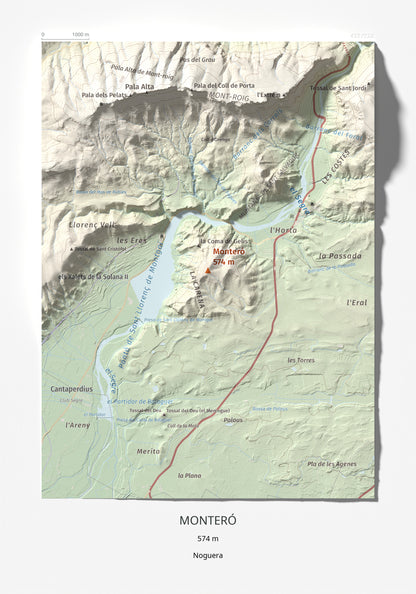 Mapa de relieve de Monteró, 574 m, Noguera, lámina 100 Cims de Trobart 21 × 30 cm.