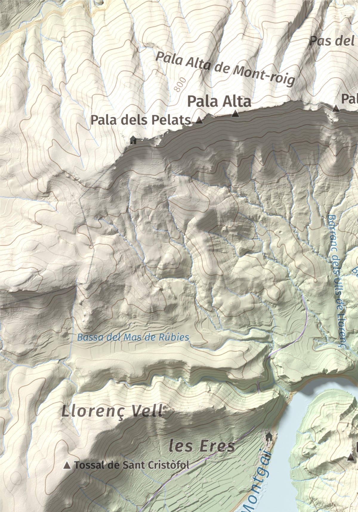 Mapa de relieve de Monteró, 574 m, Noguera, lámina 100 Cims de Trobart. Detalle de la zona superior izquierda. 21 × 30 cm.