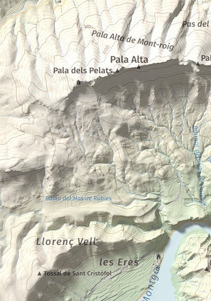 Mapa de relieve de Monteró, 574 m, Noguera, lámina 100 Cims de Trobart. Detalle de la zona superior izquierda. 21 × 30 cm.