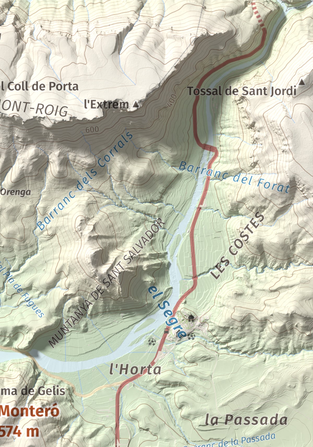 Mapa de relieve de Monteró, 574 m, Noguera, lámina 100 Cims de Trobart. Detalle de la zona superior derecha. 21 × 30 cm.