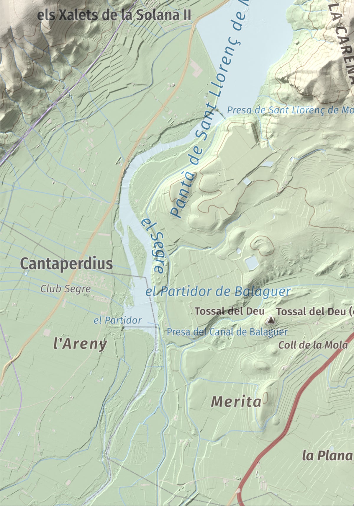 Mapa de relieve de Monteró, 574 m, Noguera, lámina 100 Cims de Trobart. Detalle de la zona inferior izquierda. 21 × 30 cm.