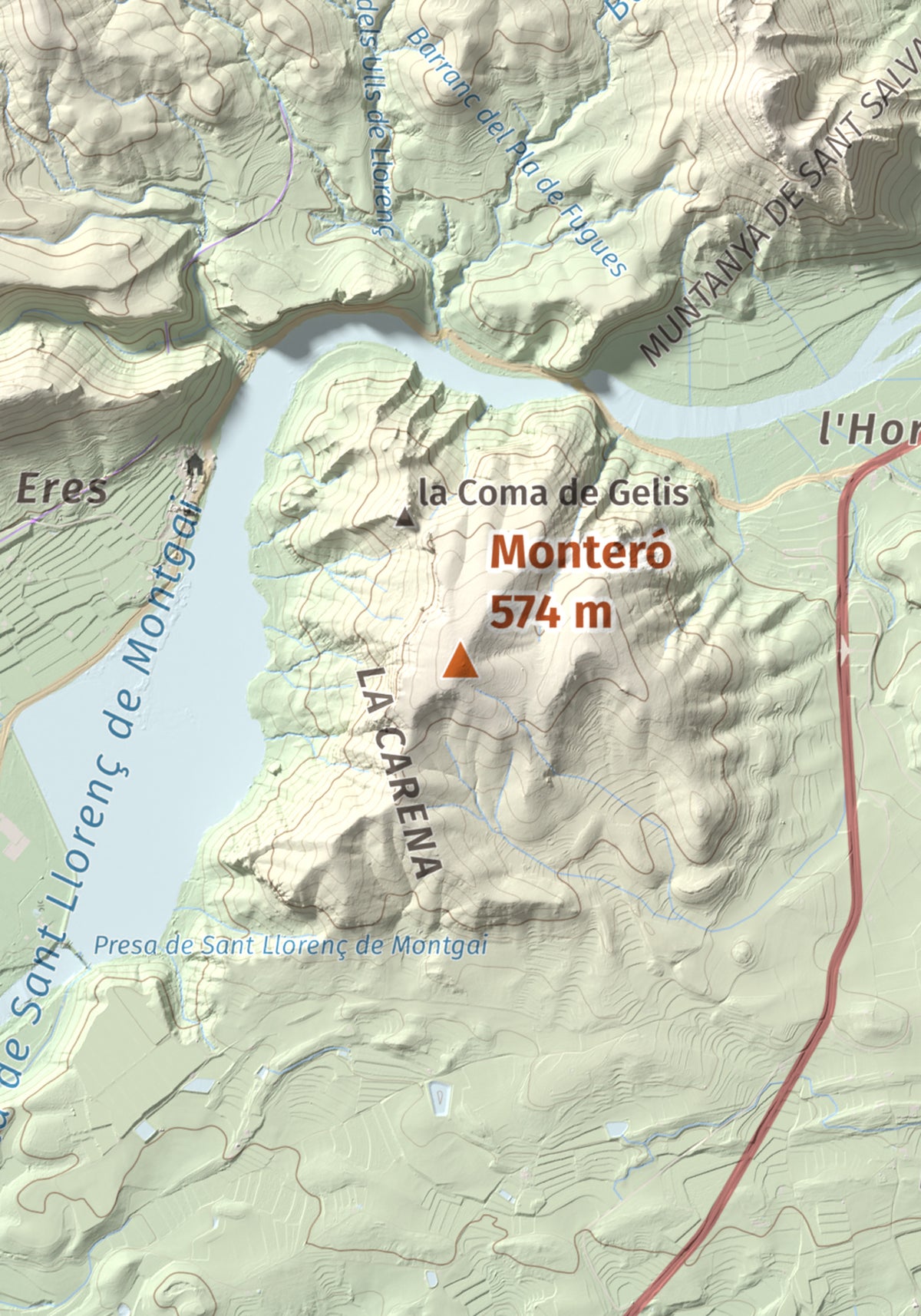 Mapa de relieve de Monteró, 574 m, Noguera, lámina 100 Cims de Trobart. Detalle de la zona central. 21 × 30 cm.