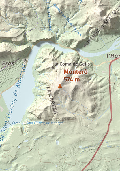 Mapa de relieve de Monteró, 574 m, Noguera, lámina 100 Cims de Trobart. Detalle de la zona central. 21 × 30 cm.