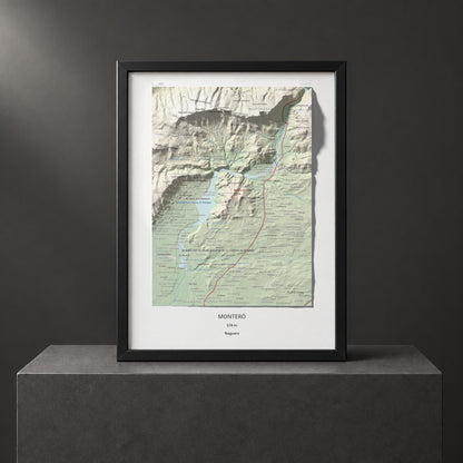 Mapa de relieve de Monteró, 574 m, Noguera, lámina 100 Cims de Trobart. Presentación enmarcada. 30 × 40 cm.