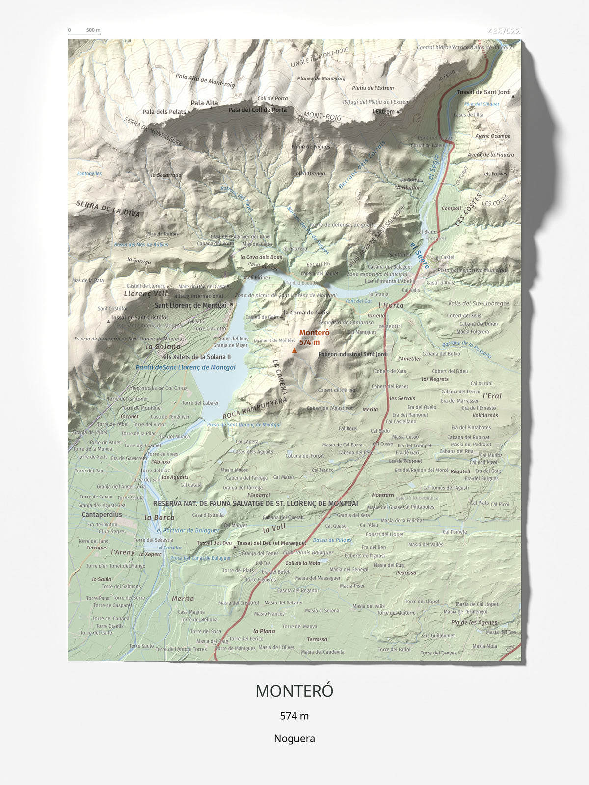 Mapa de relieve de Monteró, 574 m, Noguera, lámina 100 Cims de Trobart 30 × 40 cm.