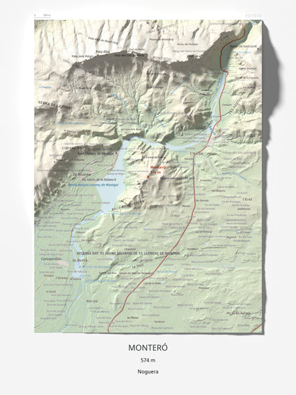 Mapa de relieve de Monteró, 574 m, Noguera, lámina 100 Cims de Trobart 30 × 40 cm.