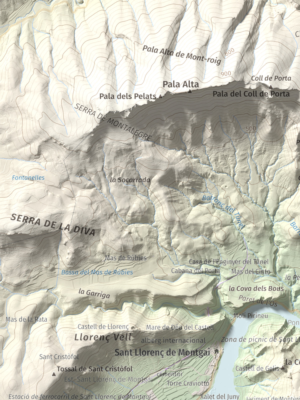 Mapa de relieve de Monteró, 574 m, Noguera, lámina 100 Cims de Trobart. Detalle de la zona superior izquierda. 30 × 40 cm.