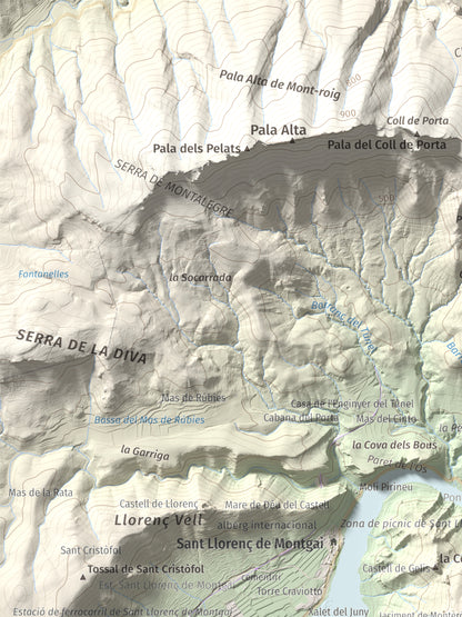 Mapa de relieve de Monteró, 574 m, Noguera, lámina 100 Cims de Trobart. Detalle de la zona superior izquierda. 30 × 40 cm.