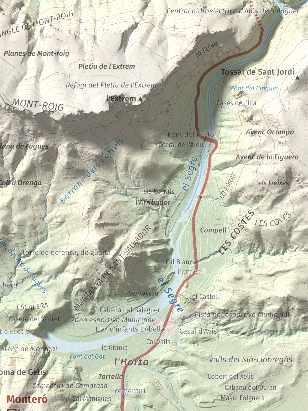 Mapa de relieve de Monteró, 574 m, Noguera, lámina 100 Cims de Trobart. Detalle de la zona superior derecha. 30 × 40 cm.