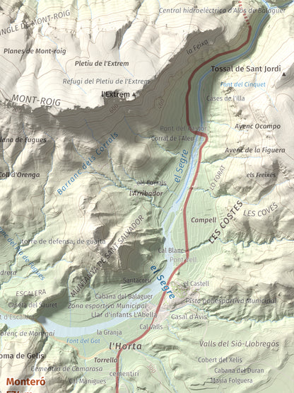 Mapa de relieve de Monteró, 574 m, Noguera, lámina 100 Cims de Trobart. Detalle de la zona superior derecha. 30 × 40 cm.