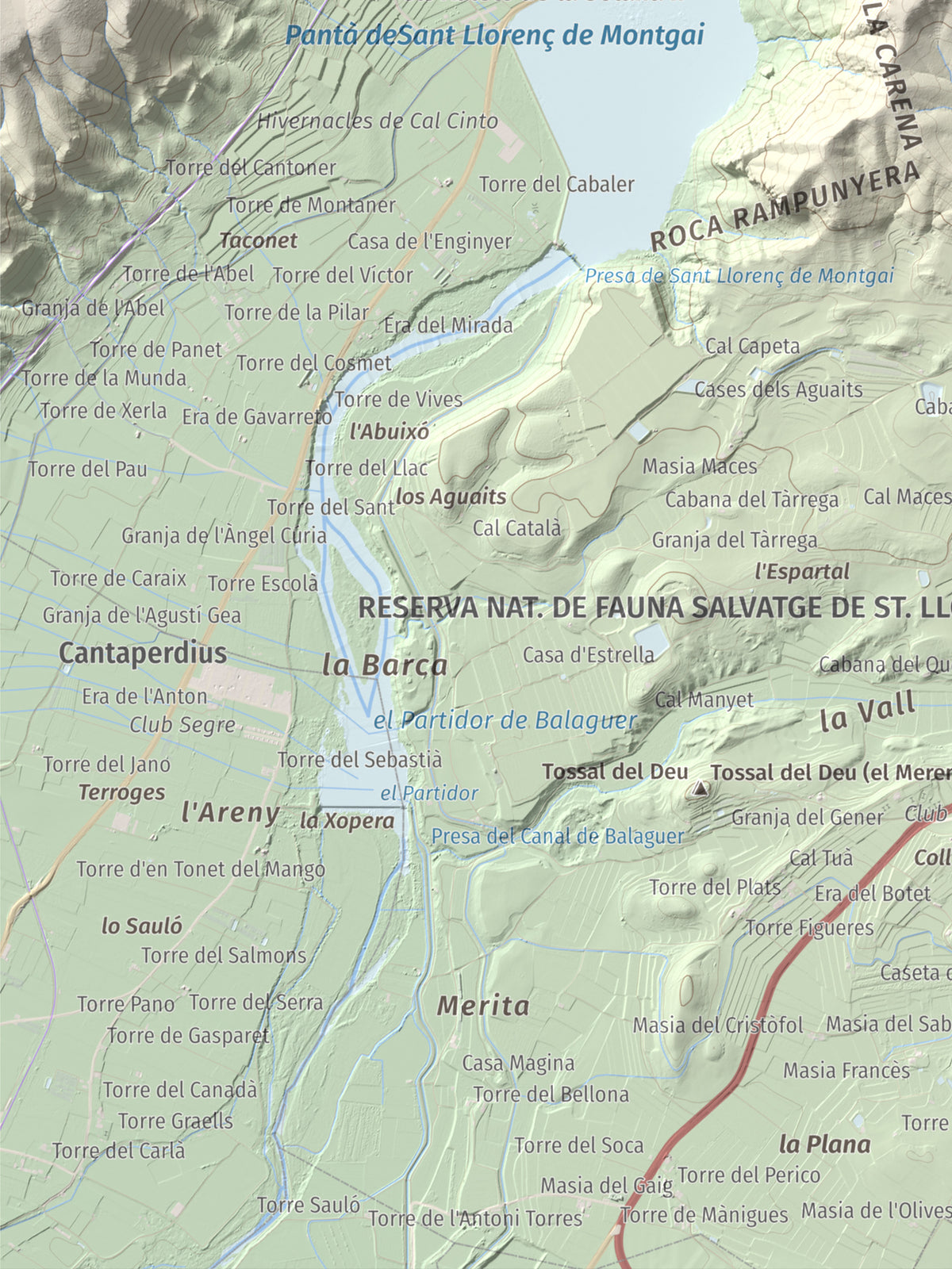 Mapa de relieve de Monteró, 574 m, Noguera, lámina 100 Cims de Trobart. Detalle de la zona inferior izquierda. 30 × 40 cm.
