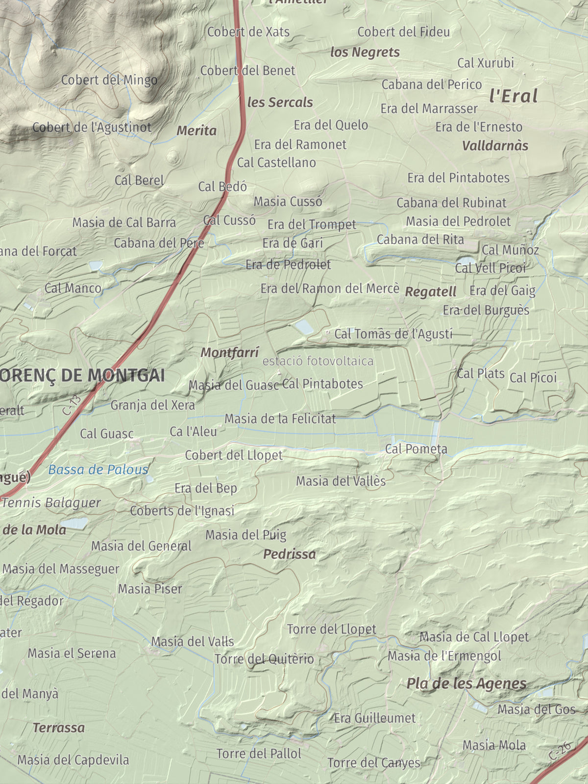Mapa de relieve de Monteró, 574 m, Noguera, lámina 100 Cims de Trobart. Detalle de la zona inferior derecha. 30 × 40 cm.