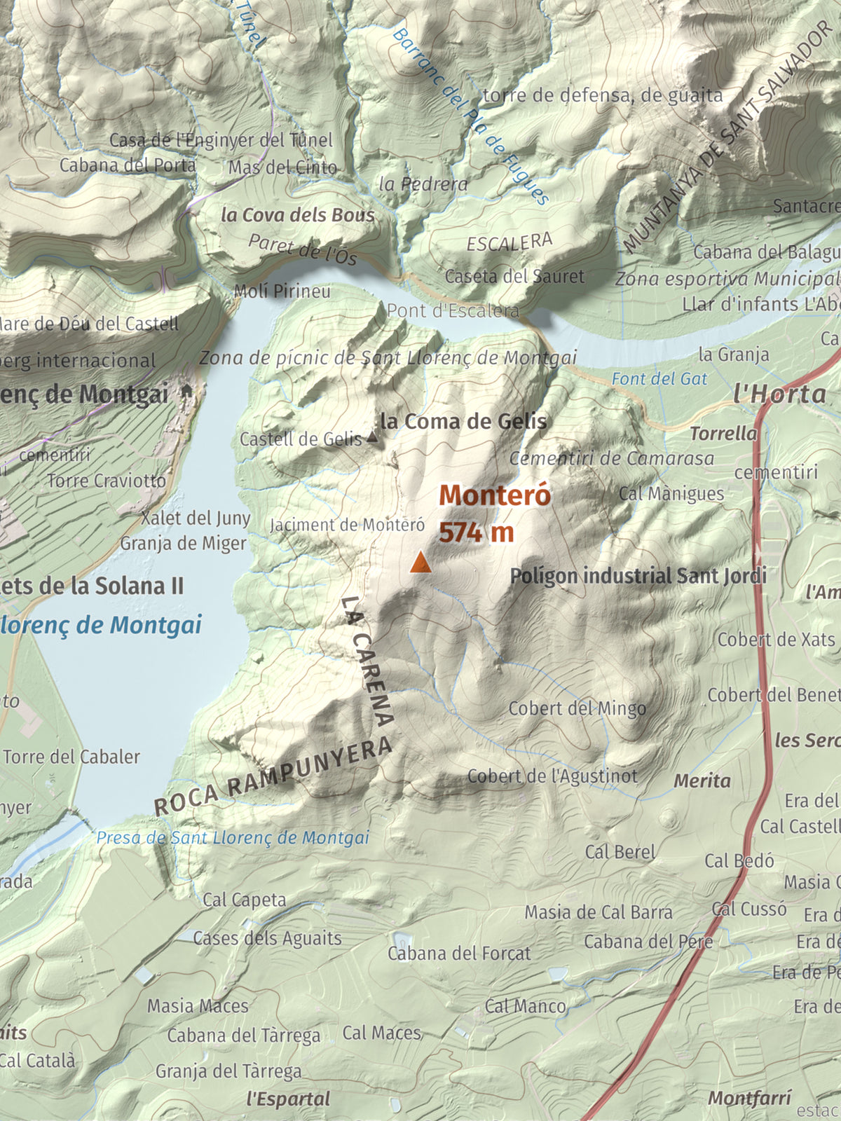 Mapa de relieve de Monteró, 574 m, Noguera, lámina 100 Cims de Trobart. Detalle de la zona central. 30 × 40 cm.