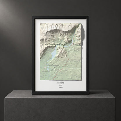 Mapa de relieve de Monteró, 574 m, Noguera, lámina 100 Cims de Trobart. Presentación enmarcada. 50 × 70 cm.
