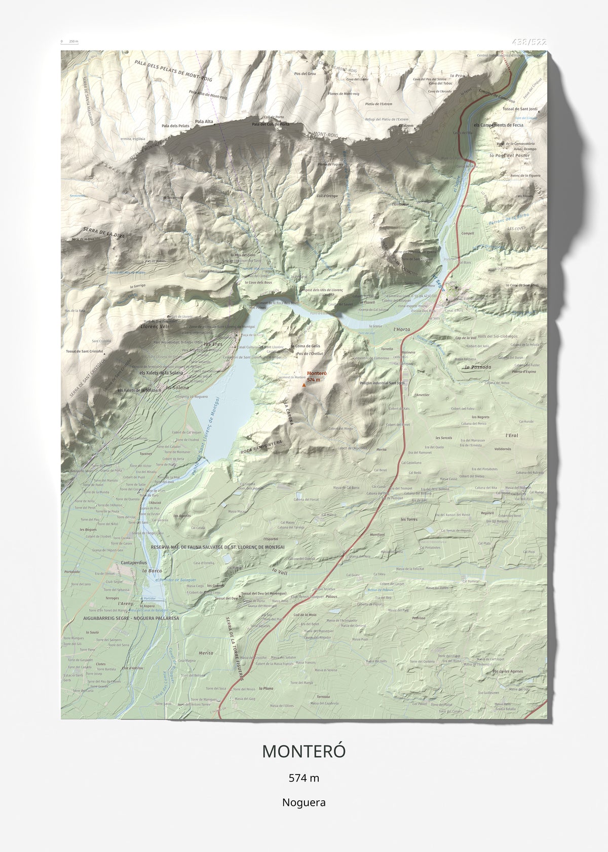 Mapa de relieve de Monteró, 574 m, Noguera, lámina 100 Cims de Trobart 50 × 70 cm.