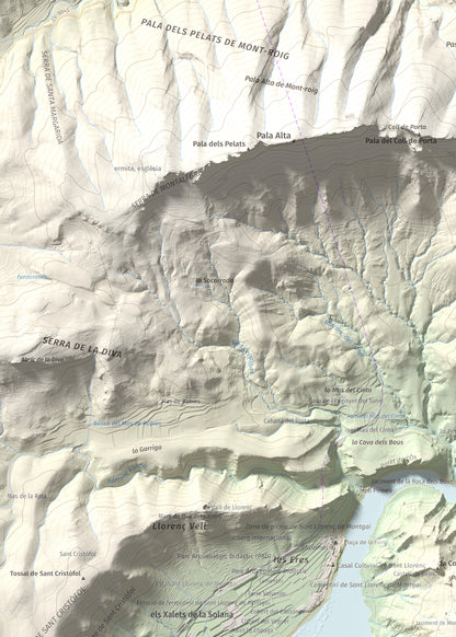Mapa de relieve de Monteró, 574 m, Noguera, lámina 100 Cims de Trobart. Detalle de la zona superior izquierda. 50 × 70 cm.