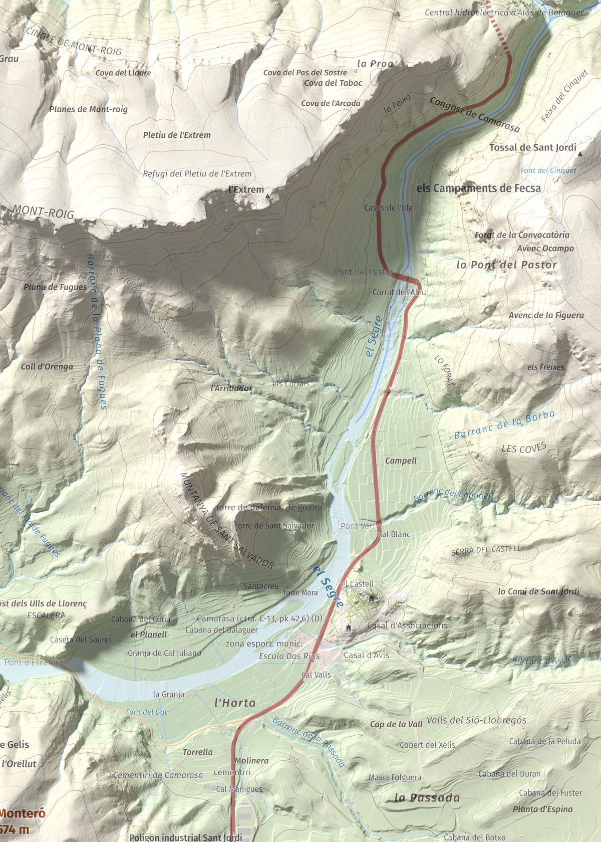 Mapa de relieve de Monteró, 574 m, Noguera, lámina 100 Cims de Trobart. Detalle de la zona superior derecha. 50 × 70 cm.