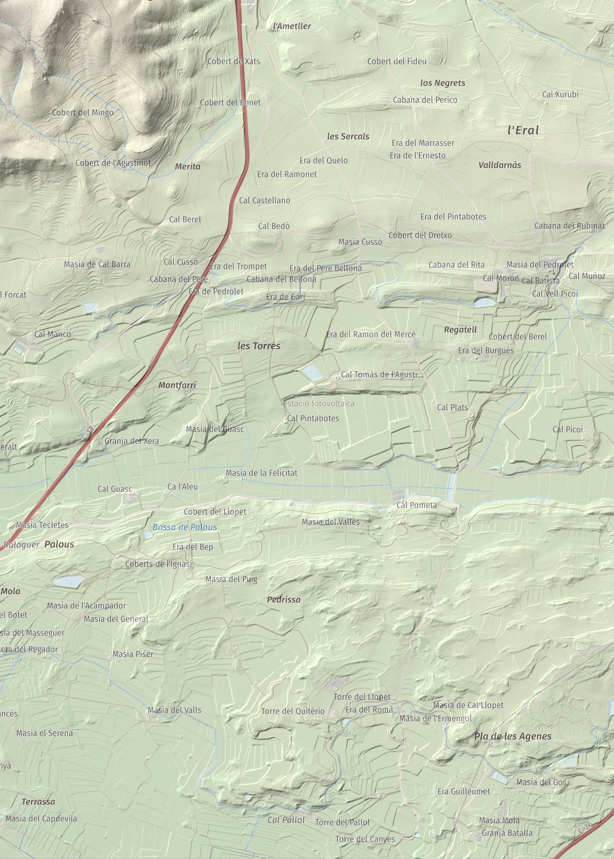 Mapa de relieve de Monteró, 574 m, Noguera, lámina 100 Cims de Trobart. Detalle de la zona inferior derecha. 50 × 70 cm.