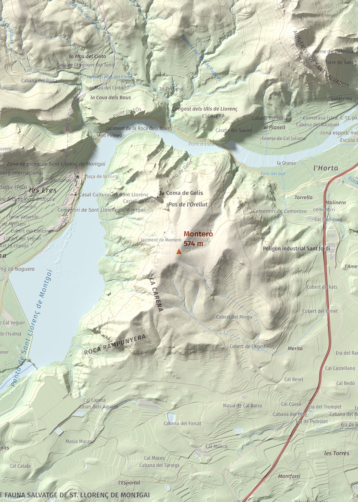 Mapa de relieve de Monteró, 574 m, Noguera, lámina 100 Cims de Trobart. Detalle de la zona central. 50 × 70 cm.