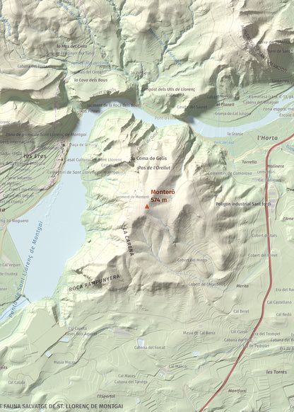 Mapa de relieve de Monteró, 574 m, Noguera, lámina 100 Cims de Trobart. Detalle de la zona central. 50 × 70 cm.