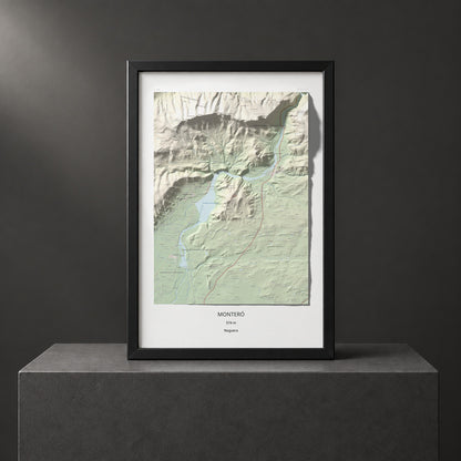 Mapa de relieve de Monteró, 574 m, Noguera, lámina 100 Cims de Trobart. Presentación enmarcada. 61 × 91 cm.
