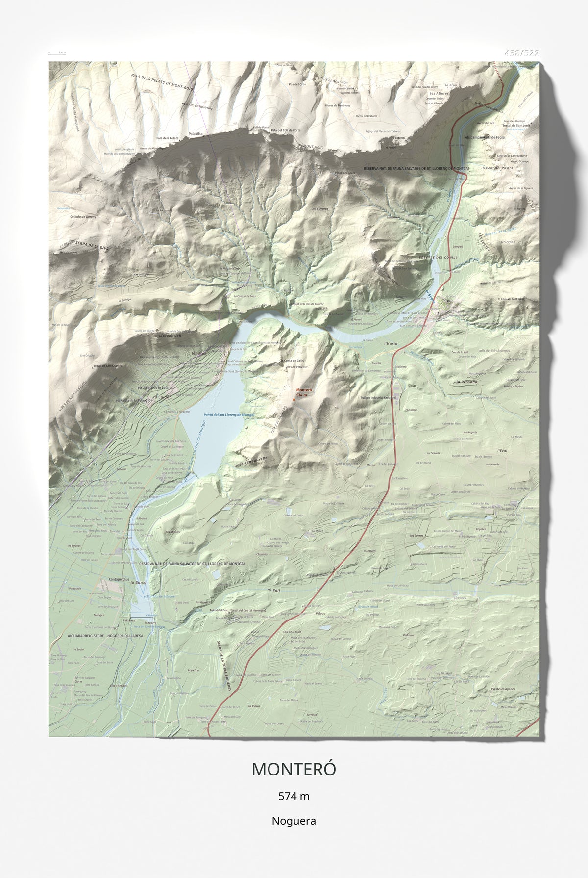 Mapa de relieve de Monteró, 574 m, Noguera, lámina 100 Cims de Trobart 61 × 91 cm.