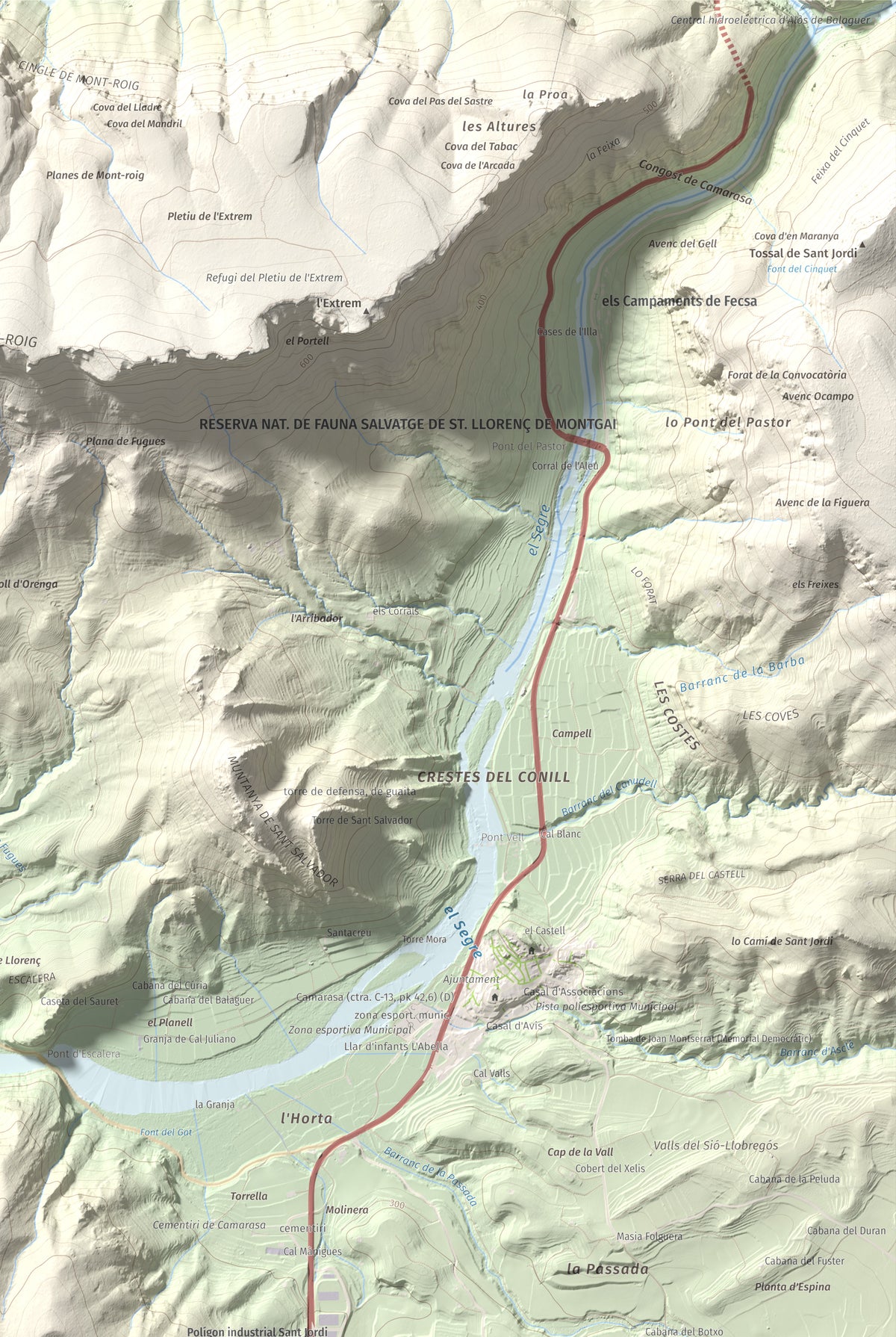 Mapa de relieve de Monteró, 574 m, Noguera, lámina 100 Cims de Trobart. Detalle de la zona superior derecha. 61 × 91 cm.