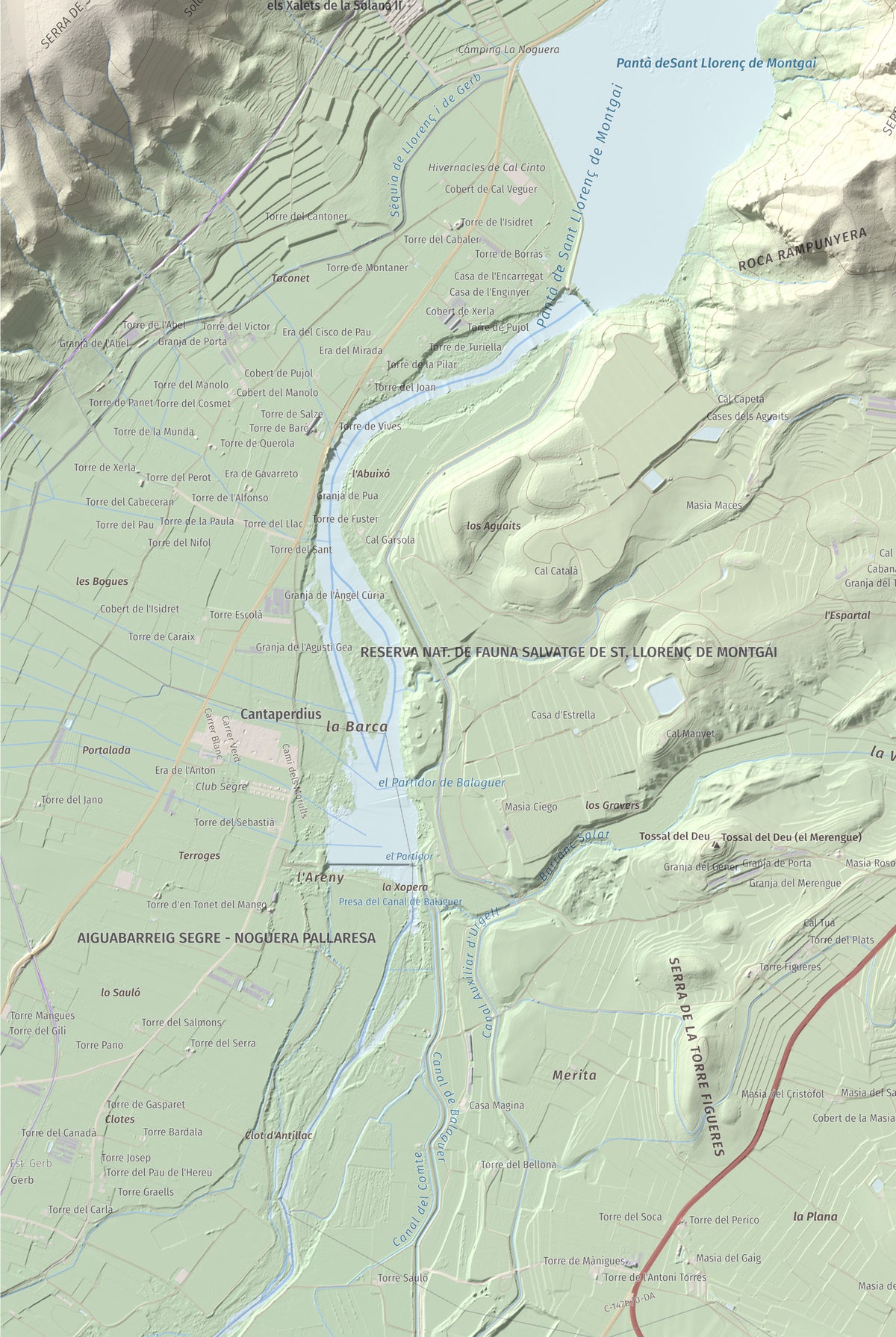 Mapa de relieve de Monteró, 574 m, Noguera, lámina 100 Cims de Trobart. Detalle de la zona inferior izquierda. 61 × 91 cm.