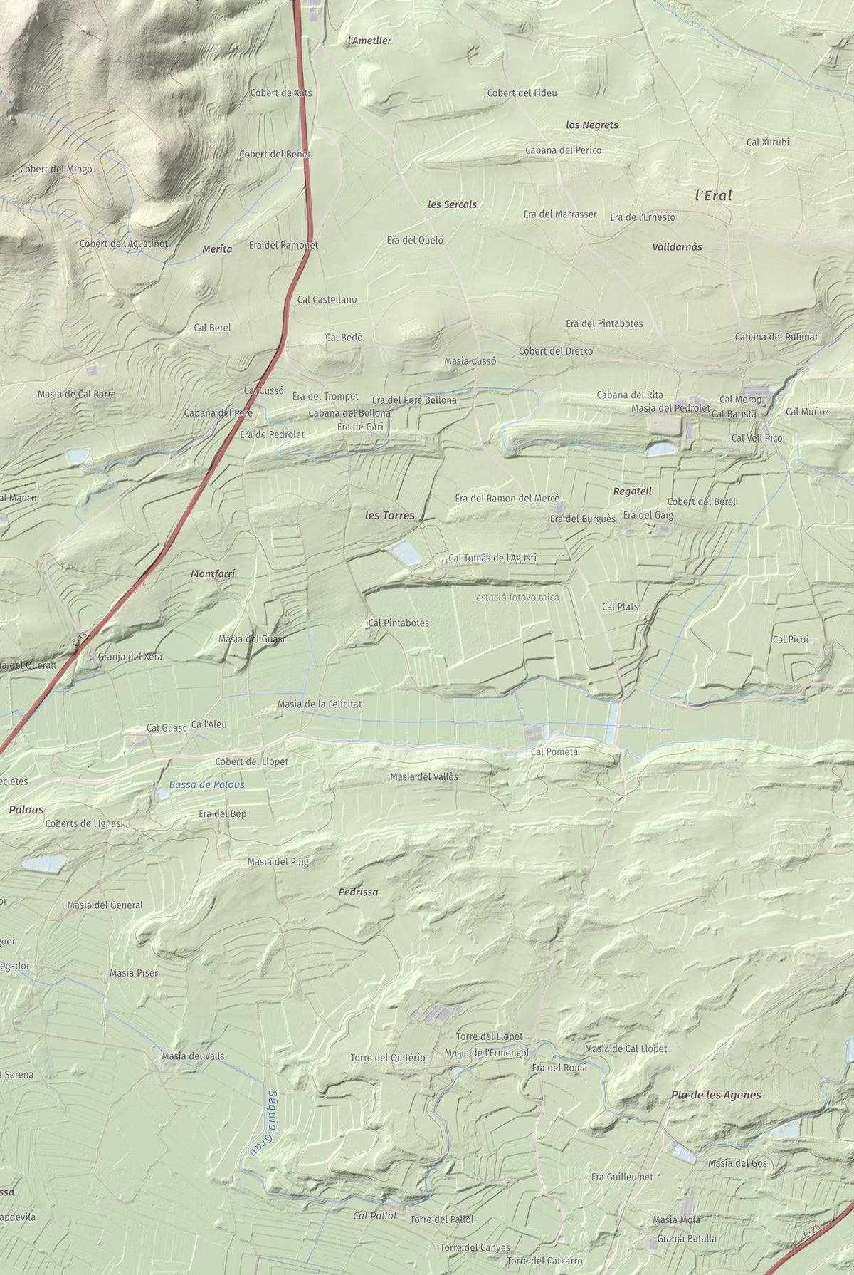 Mapa de relieve de Monteró, 574 m, Noguera, lámina 100 Cims de Trobart. Detalle de la zona inferior derecha. 61 × 91 cm.