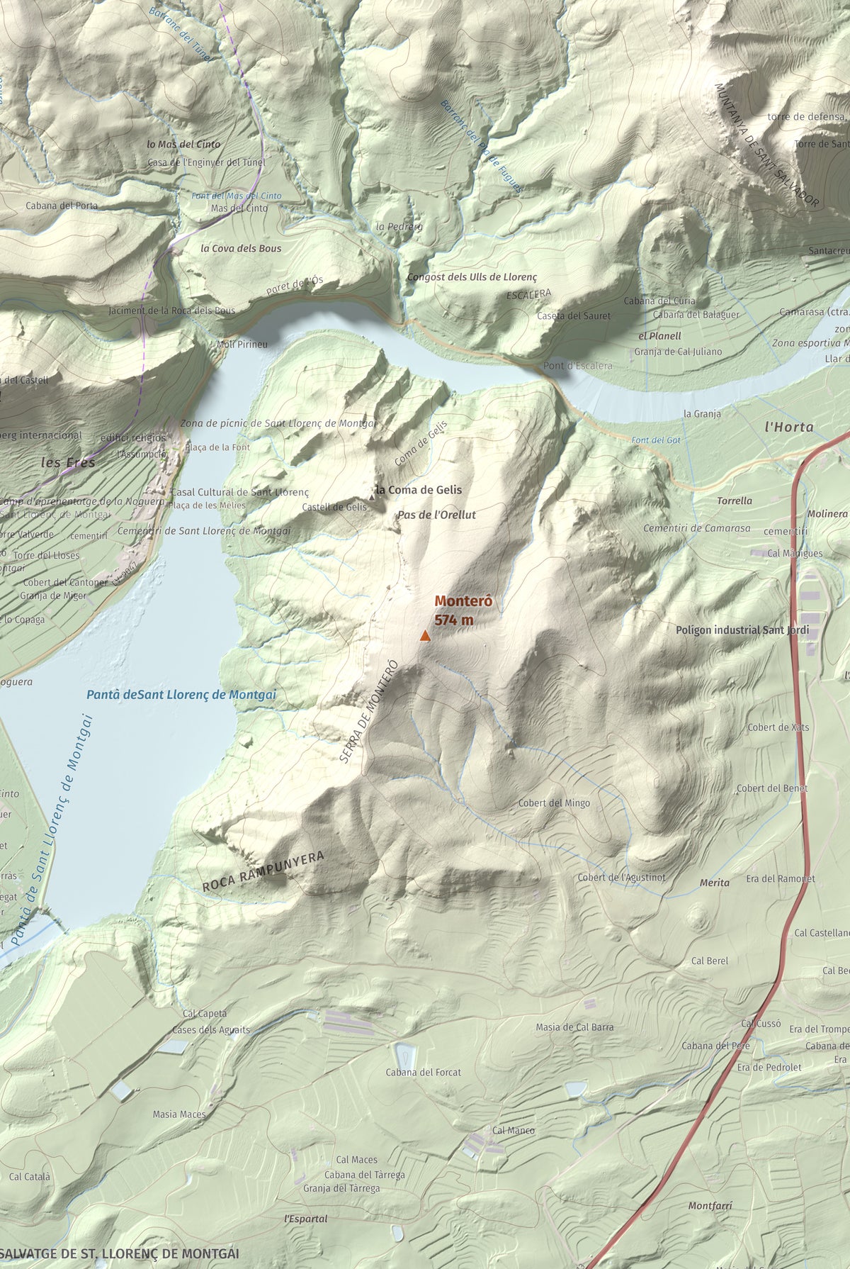 Mapa de relieve de Monteró, 574 m, Noguera, lámina 100 Cims de Trobart. Detalle de la zona central. 61 × 91 cm.