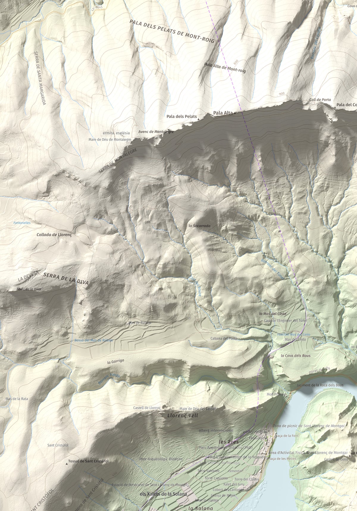 Mapa de relieve de Monteró, 574 m, Noguera, lámina 100 Cims de Trobart. Detalle de la zona superior izquierda. 70 × 100 cm.