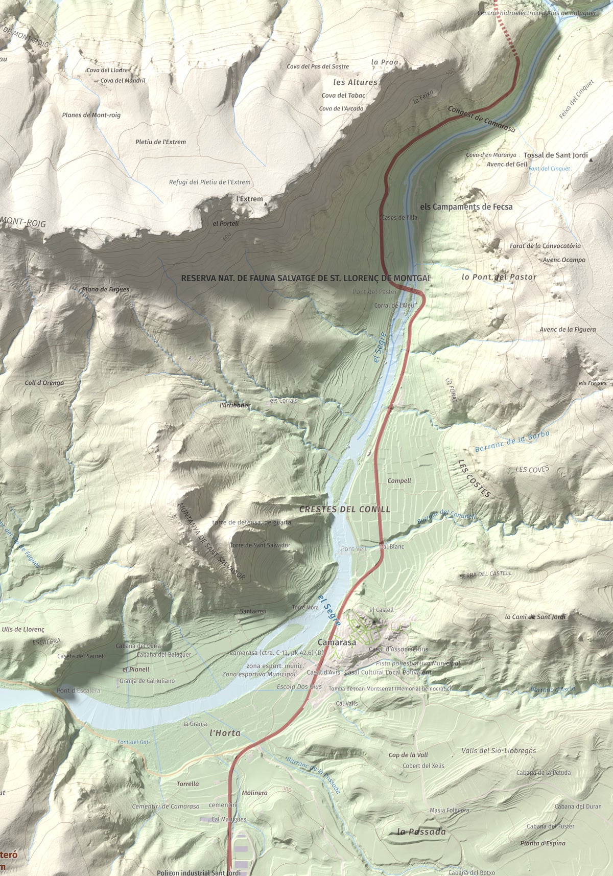 Mapa de relieve de Monteró, 574 m, Noguera, lámina 100 Cims de Trobart. Detalle de la zona superior derecha. 70 × 100 cm.