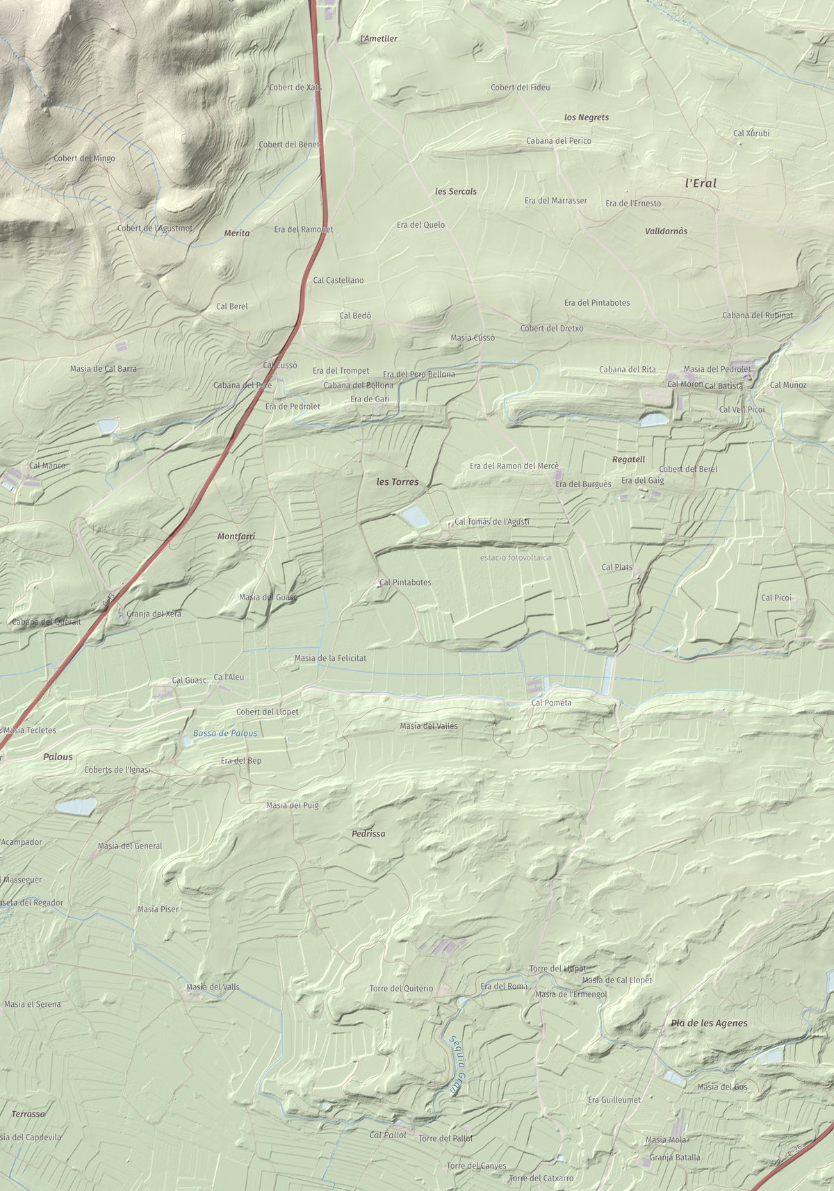 Mapa de relieve de Monteró, 574 m, Noguera, lámina 100 Cims de Trobart. Detalle de la zona inferior derecha. 70 × 100 cm.