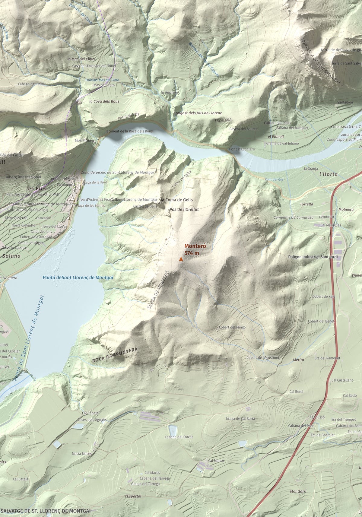 Mapa de relieve de Monteró, 574 m, Noguera, lámina 100 Cims de Trobart. Detalle de la zona central. 70 × 100 cm.