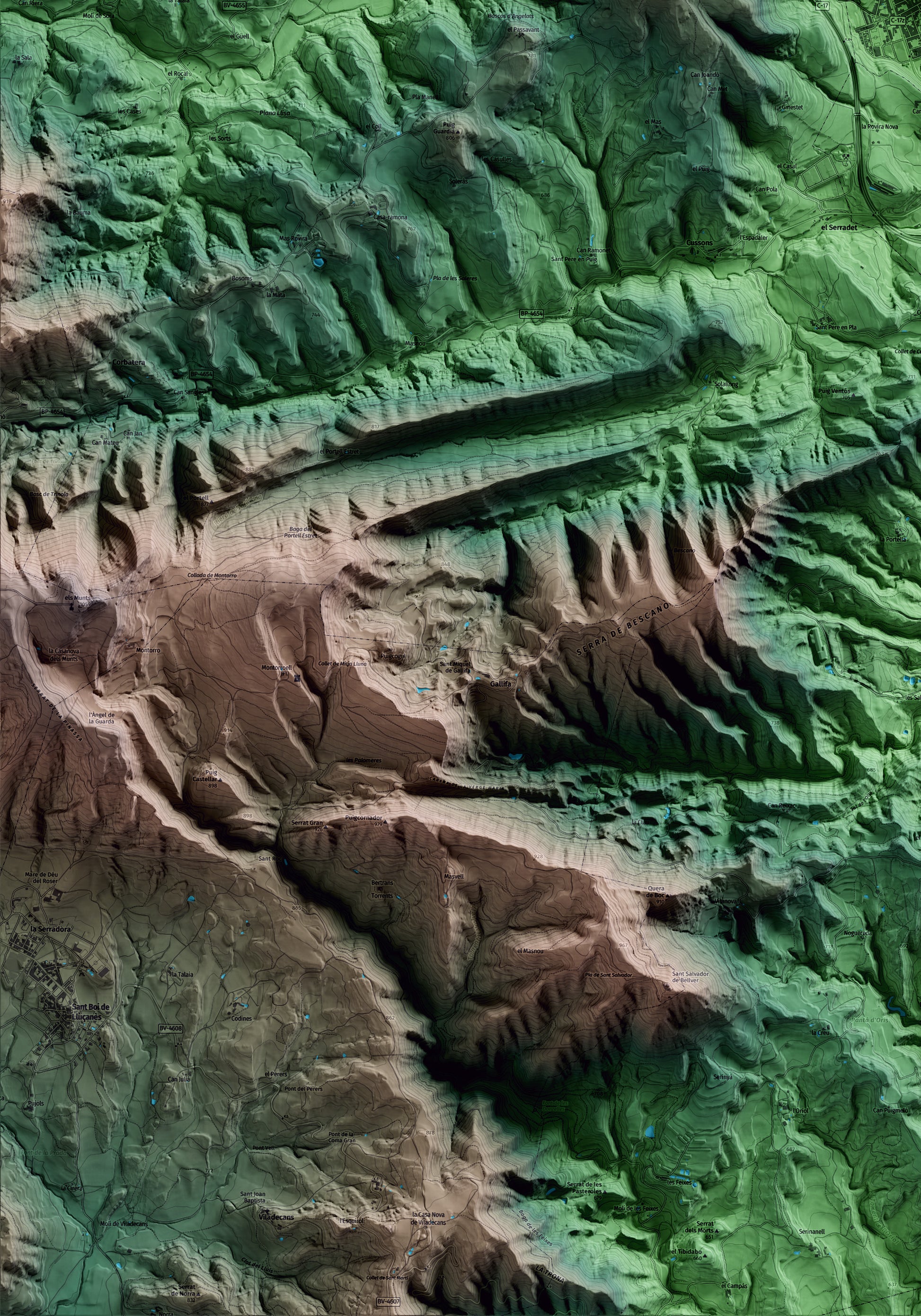 Mapa artístico del relieve de Montesquiu, a Osona, con 15 km de entorno y base topográfica ICGC. Detalle de la zona inferior izquierda.