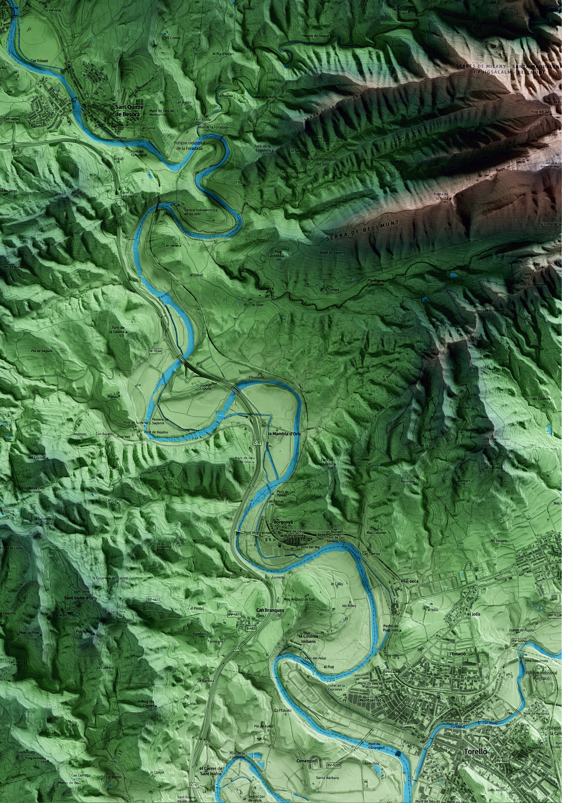 Mapa artístico del relieve de Montesquiu, a Osona, con 15 km de entorno y base topográfica ICGC. Detalle de la zona inferior derecha.