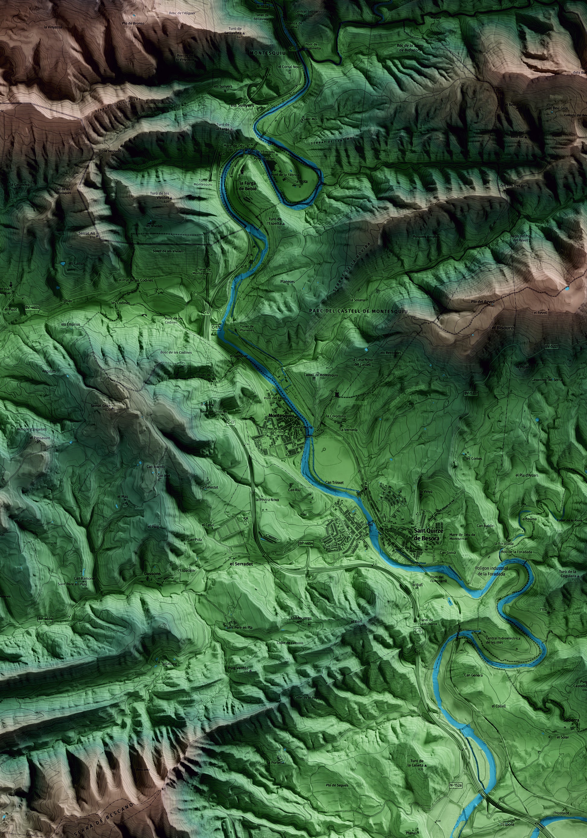 Mapa artístico del relieve de Montesquiu, a Osona, con 15 km de entorno y base topográfica ICGC. Detalle de la zona central.