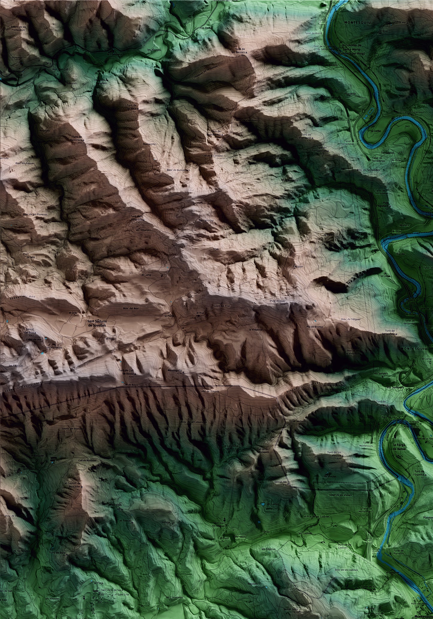 Mapa artístico del relieve de Montesquiu, a Osona, con 15 km de entorno y base topográfica ICGC. Detalle de la zona superior izquierda.