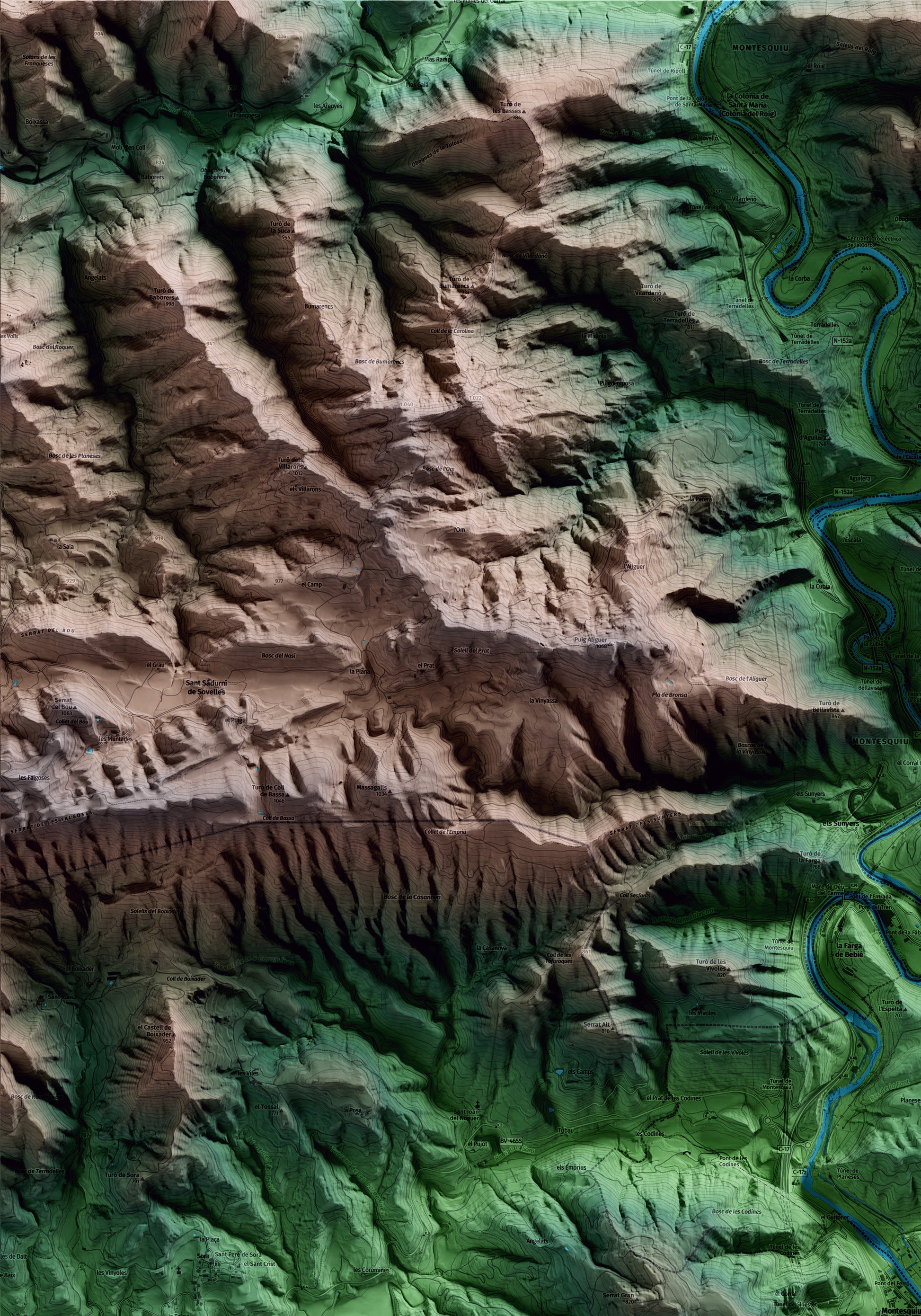 Mapa artístico del relieve de Montesquiu, a Osona, con 15 km de entorno y base topográfica ICGC. Detalle de la zona superior izquierda.
