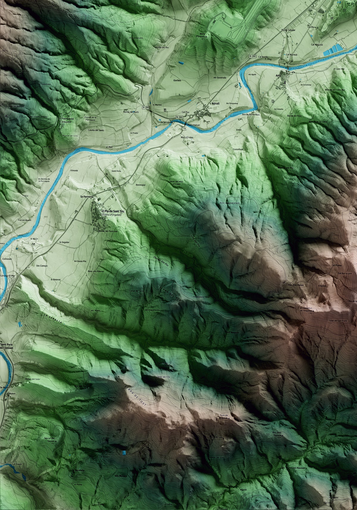 Mapa artístico del relieve de Montferrer i Castellbò, al Alt Urgell, con 15 km de entorno y base topográfica ICGC. Detalle de la zona inferior izquierda.