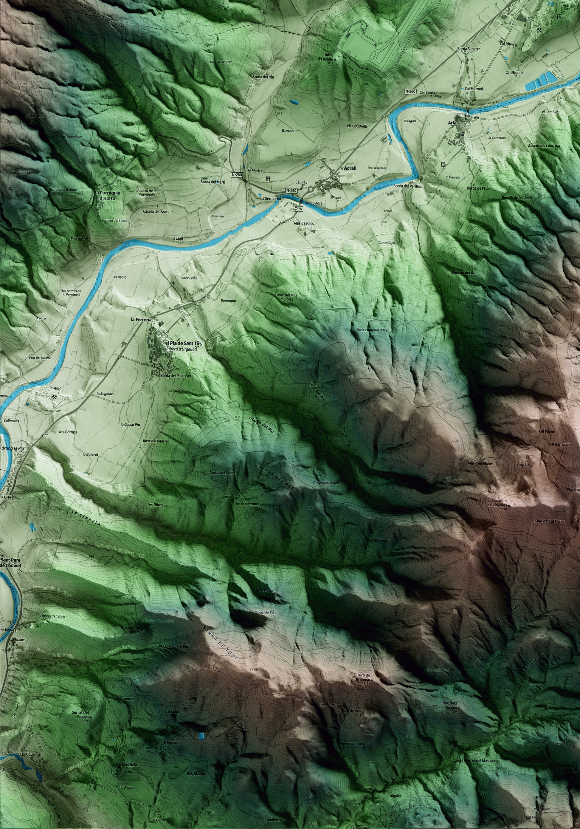 Mapa artístico del relieve de Montferrer i Castellbò, al Alt Urgell, con 15 km de entorno y base topográfica ICGC. Detalle de la zona inferior izquierda.