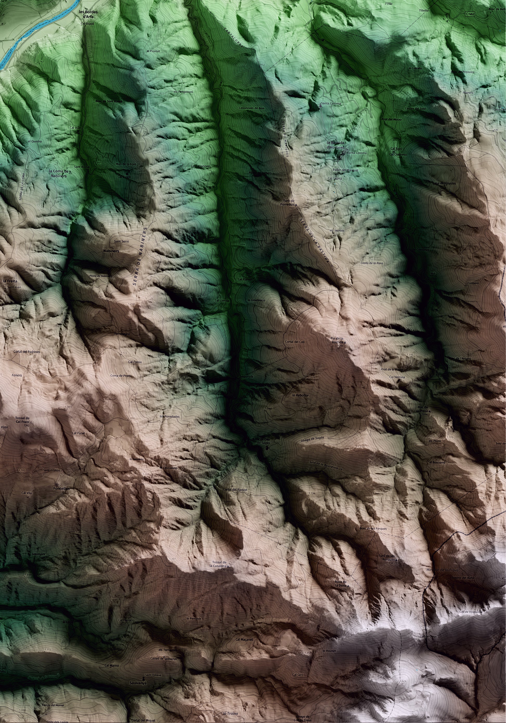 Mapa artístico del relieve de Montferrer i Castellbò, al Alt Urgell, con 15 km de entorno y base topográfica ICGC. Detalle de la zona inferior derecha.
