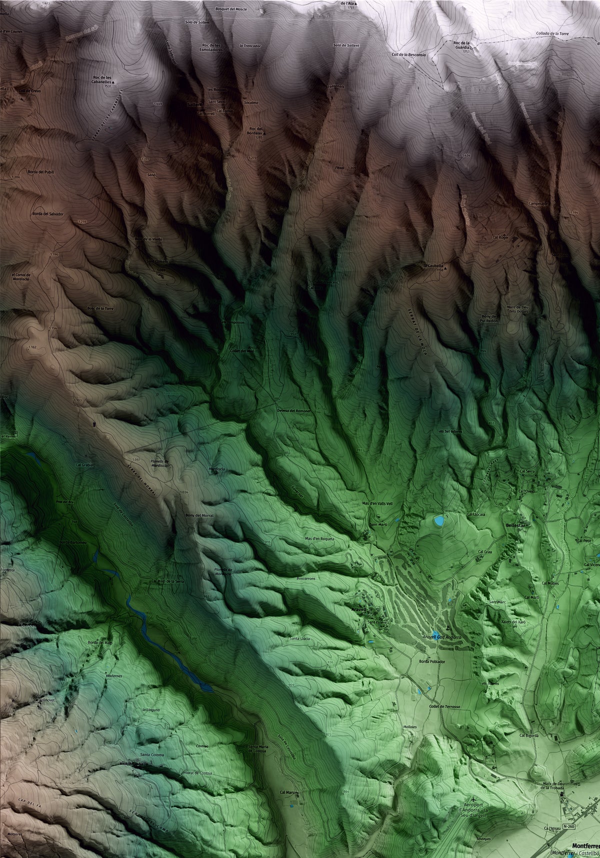 Mapa artístico del relieve de Montferrer i Castellbò, al Alt Urgell, con 15 km de entorno y base topográfica ICGC. Detalle de la zona superior izquierda.