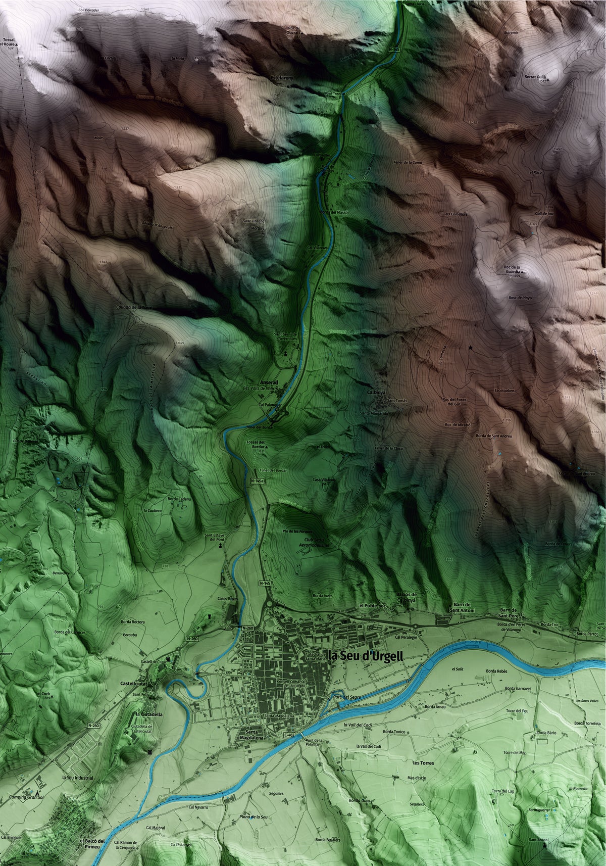 Mapa artístico del relieve de Montferrer i Castellbò, al Alt Urgell, con 15 km de entorno y base topográfica ICGC. Detalle de la zona superior derecha.
