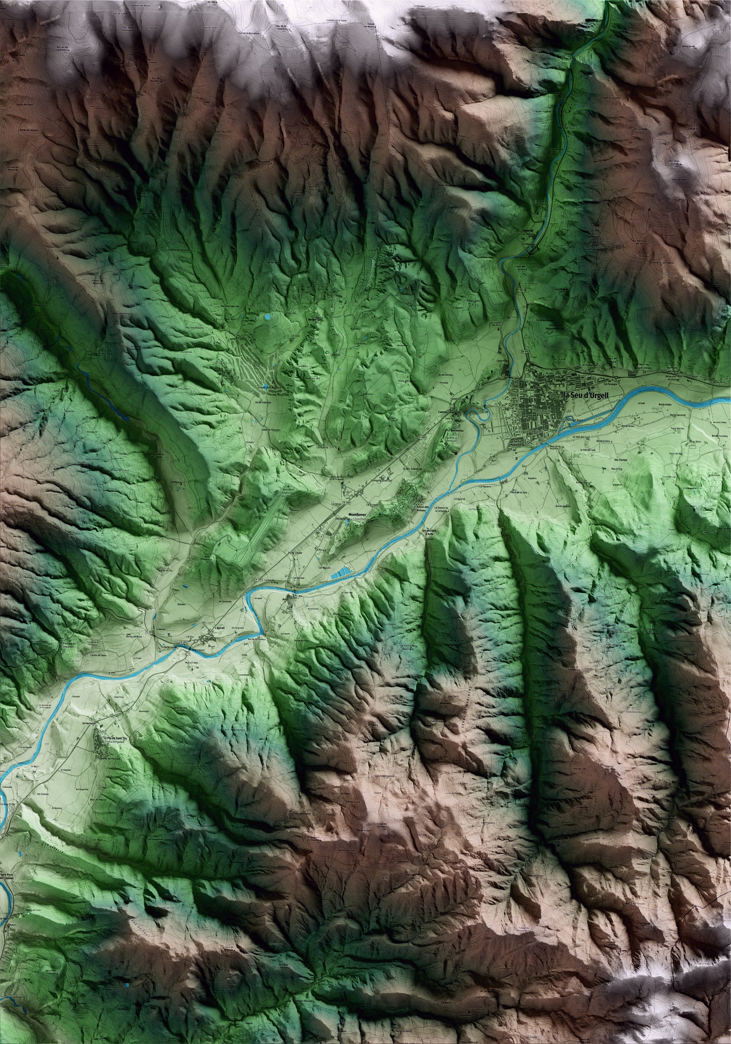 Mapa artístico del relieve de Montferrer i Castellbò, al Alt Urgell, con 15 km de entorno y base topográfica ICGC