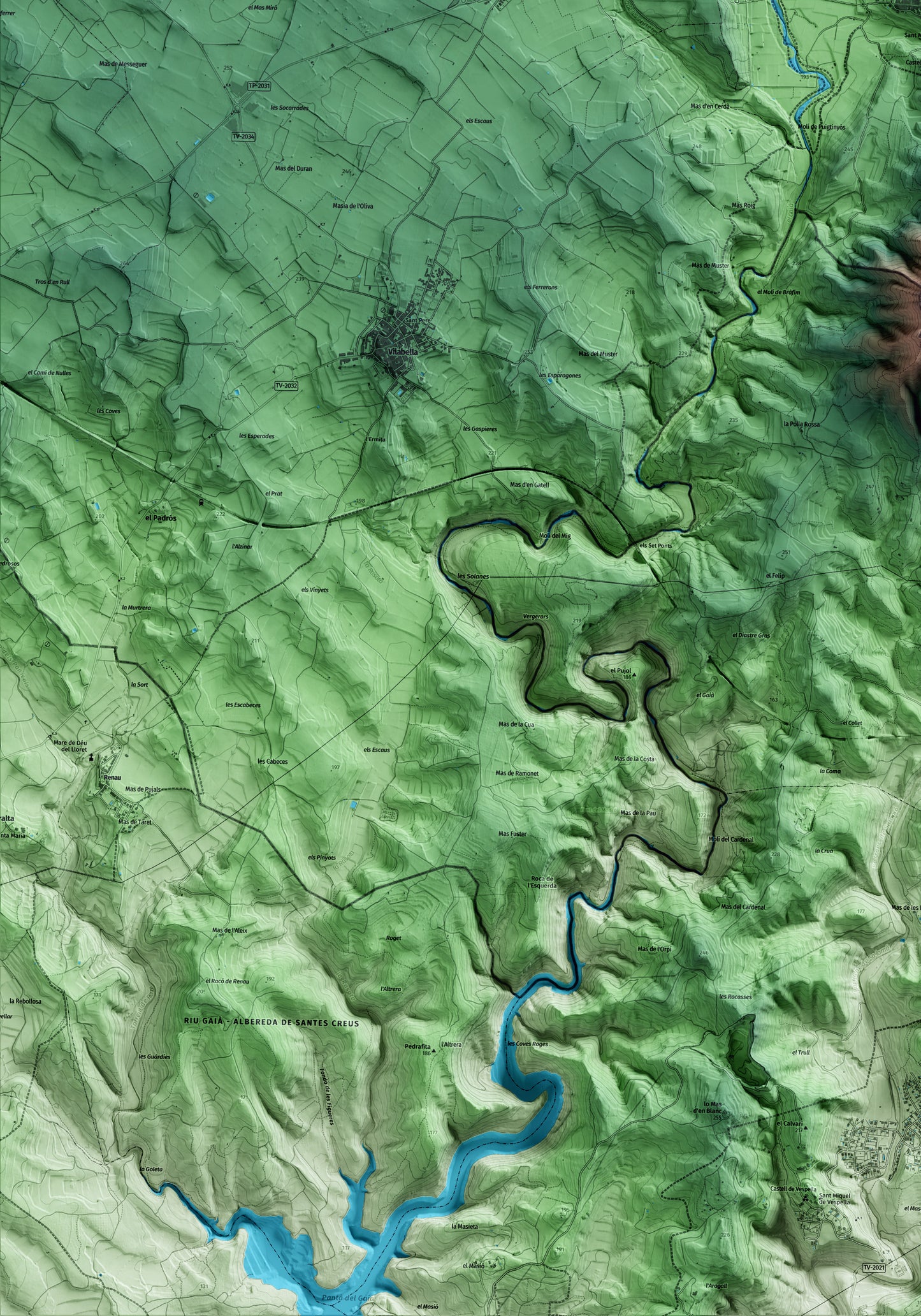 Mapa artístico del relieve de Montferri, al Alt Camp, con 15 km de entorno y base topográfica ICGC. Detalle de la zona inferior izquierda.