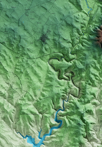 Mapa artístico del relieve de Montferri, al Alt Camp, con 15 km de entorno y base topográfica ICGC. Detalle de la zona inferior izquierda.