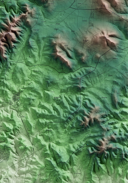 Mapa artístico del relieve de Montferri, al Alt Camp, con 15 km de entorno y base topográfica ICGC. Detalle de la zona inferior derecha.