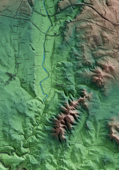 Mapa artístico del relieve de Montferri, al Alt Camp, con 15 km de entorno y base topográfica ICGC. Detalle de la zona central.