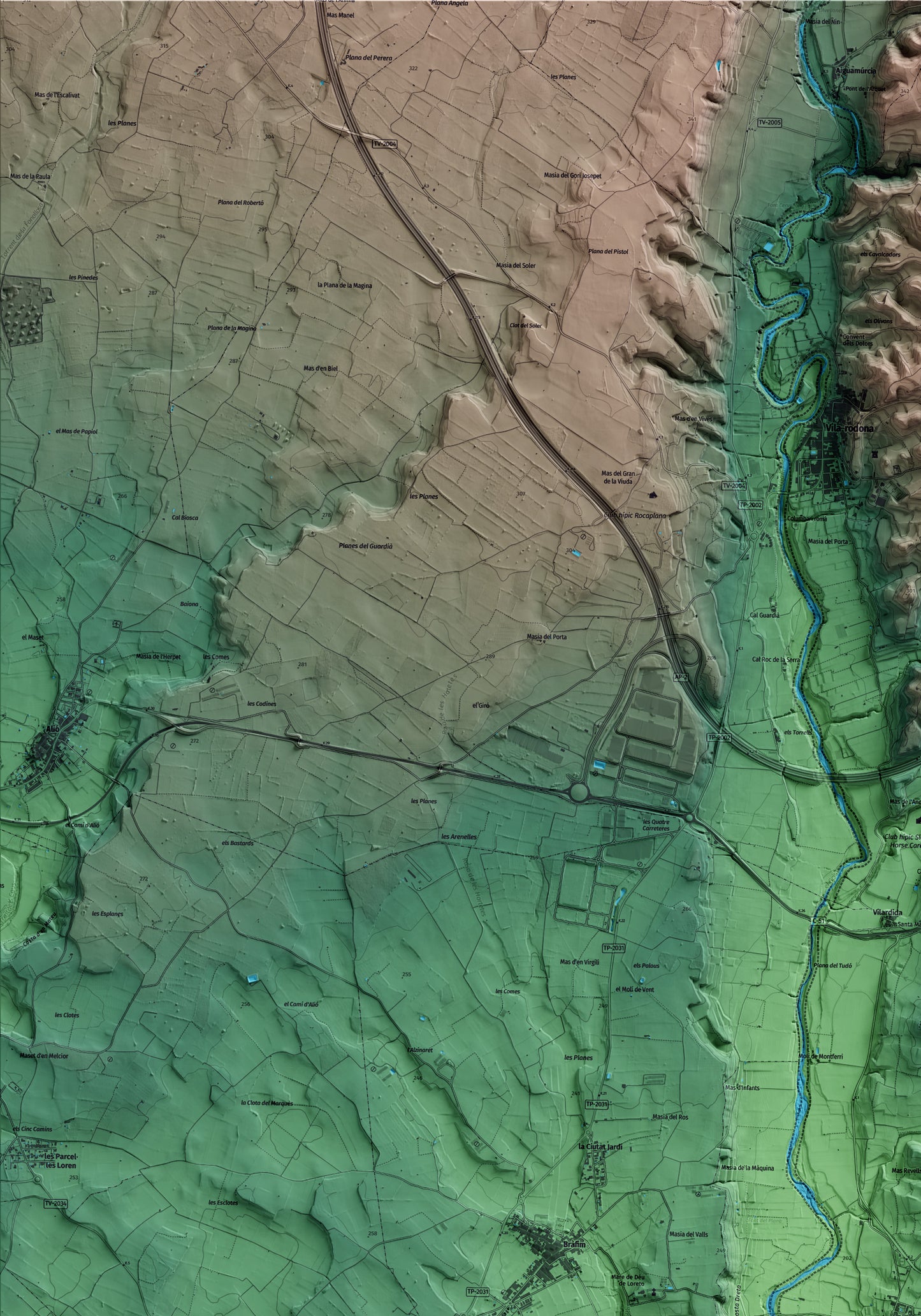 Mapa artístico del relieve de Montferri, al Alt Camp, con 15 km de entorno y base topográfica ICGC. Detalle de la zona superior izquierda.